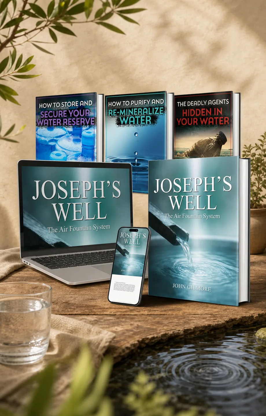 Joseph's Well product bundle with digital guide, book, phone, and water-preparedness bonus guides