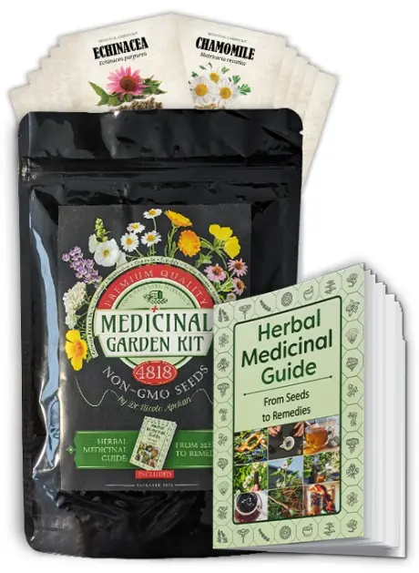 The Medicinal Garden Kit: seed pouch, ten labeled packets, and the printed guide