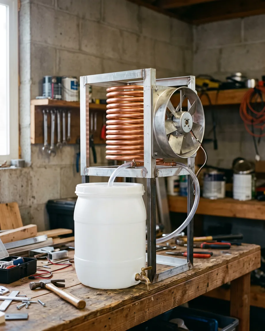 A homemade atmospheric water generator on a garage workbench: condenser coil, salvaged fan, and a food-safe collection tank